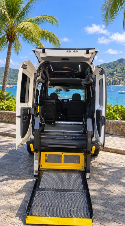 Vista trasera de un vehículo adaptado con plataforma elevadora para el transporte de usuarios de silla de ruedas.